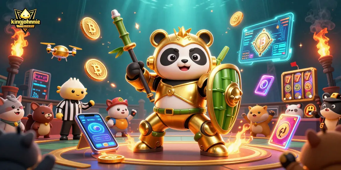 Experience the thrill of kingjohnnie's casino with a vibrant 3D panda robot battle illustration.