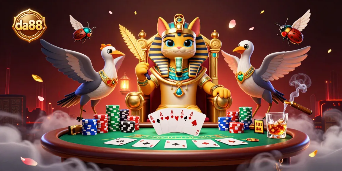 Experience the excitement of gambling with da88. featuring a 3D pharaoh cat in a vibrant casino scene.