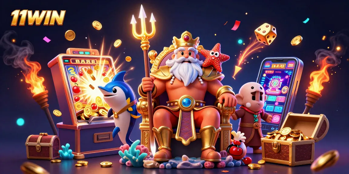 Win big at 11WIN with Neptune and jackpot gaming surrounded by vibrant casino elements.