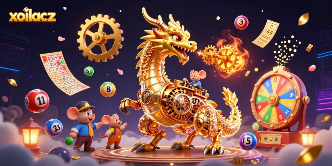 Experience exciting lottery dynamics with xoilacz featuring a biomechanical dragon amidst colorful balls and prizes.