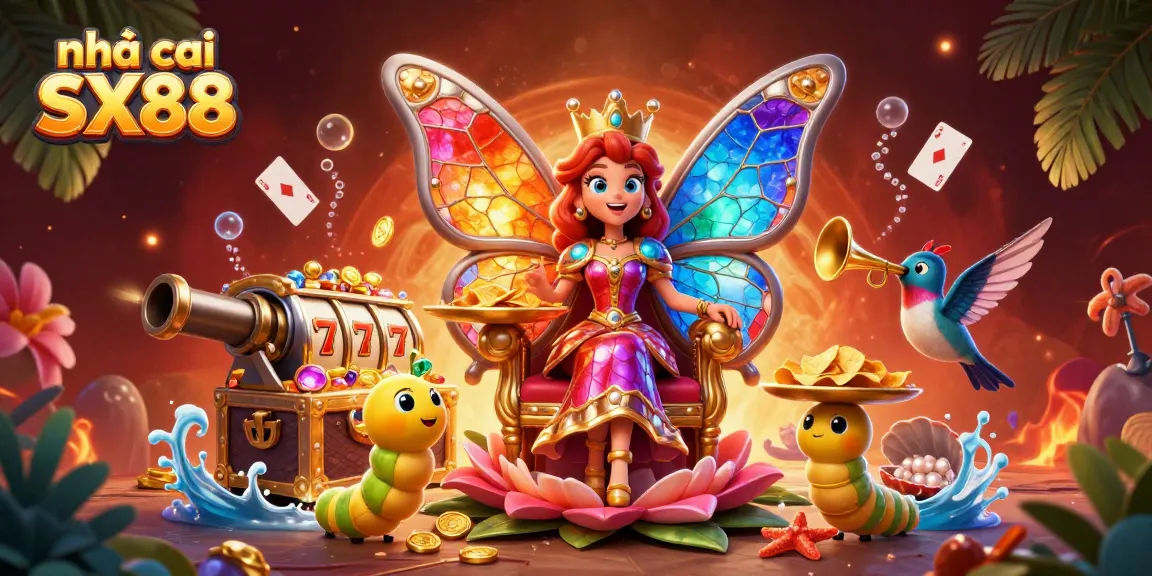 Experience the thrill of nhà cái SX88 with vibrant slots and captivating casino elements in a magical scene.
