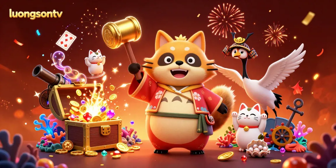 Experience the vibrant and engaging world of luongsontv, featuring a cheerful tanuki and colorful maneki-neko for a lively casino illustration.
