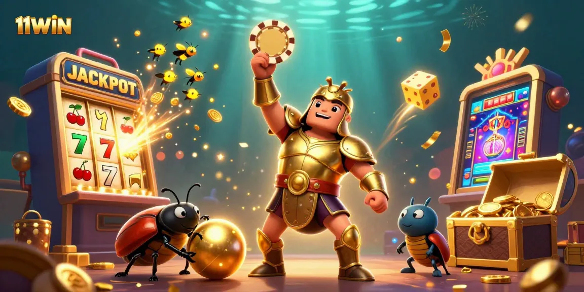 Experience the thrill of 11WIN with vibrant characters lifting poker chips and celebrating jackpots!