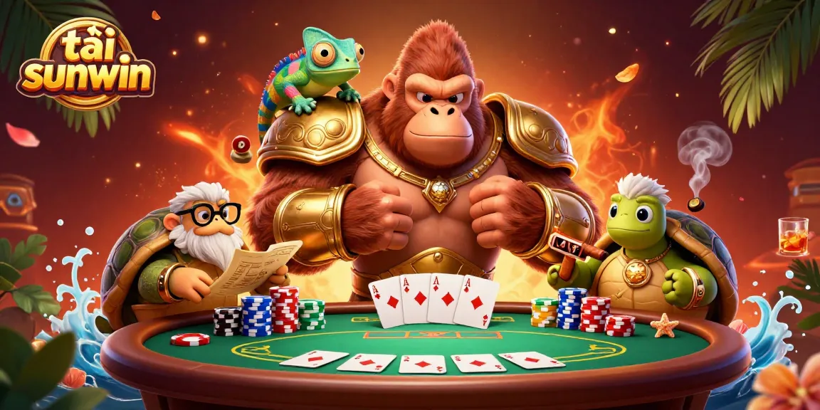 Engage in thrilling poker action with tải sunwin featuring a powerful gorilla king, colorful chips, and cards.