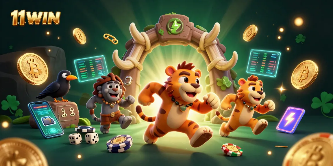 Experience exciting wins at 11WIN with a prehistoric casino scene full of animated characters and crypto elements.