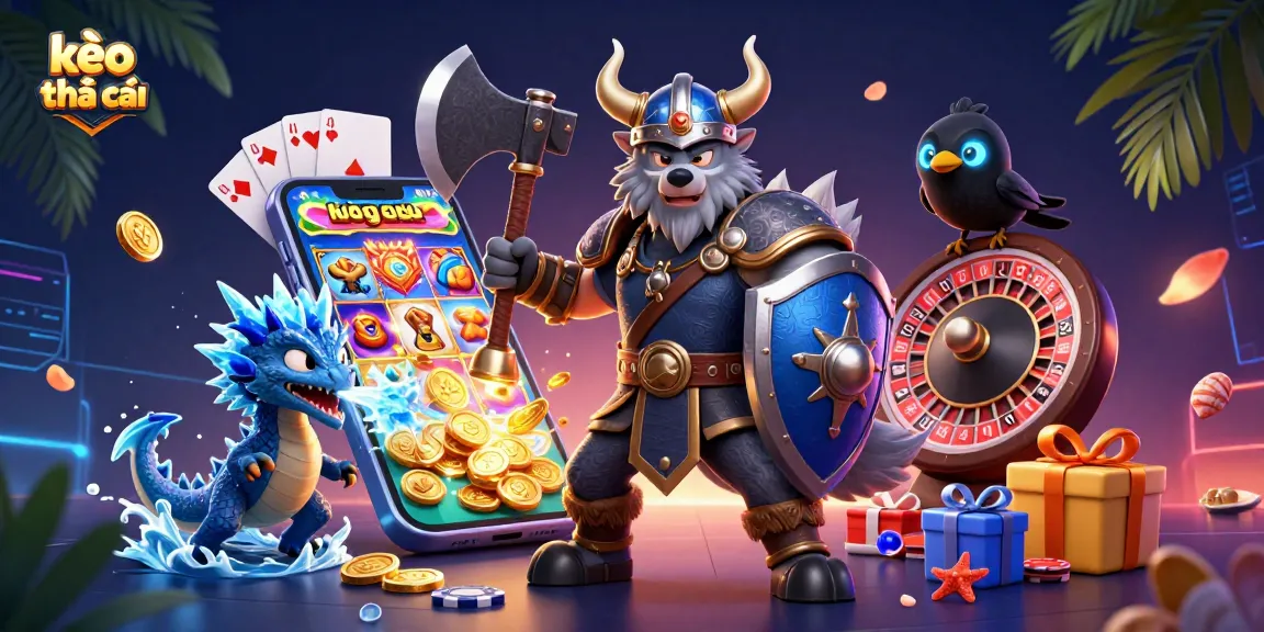 Bet smart with kèo nhà cái as a Viking wolf warrior and dragon explore a vibrant gambling world.