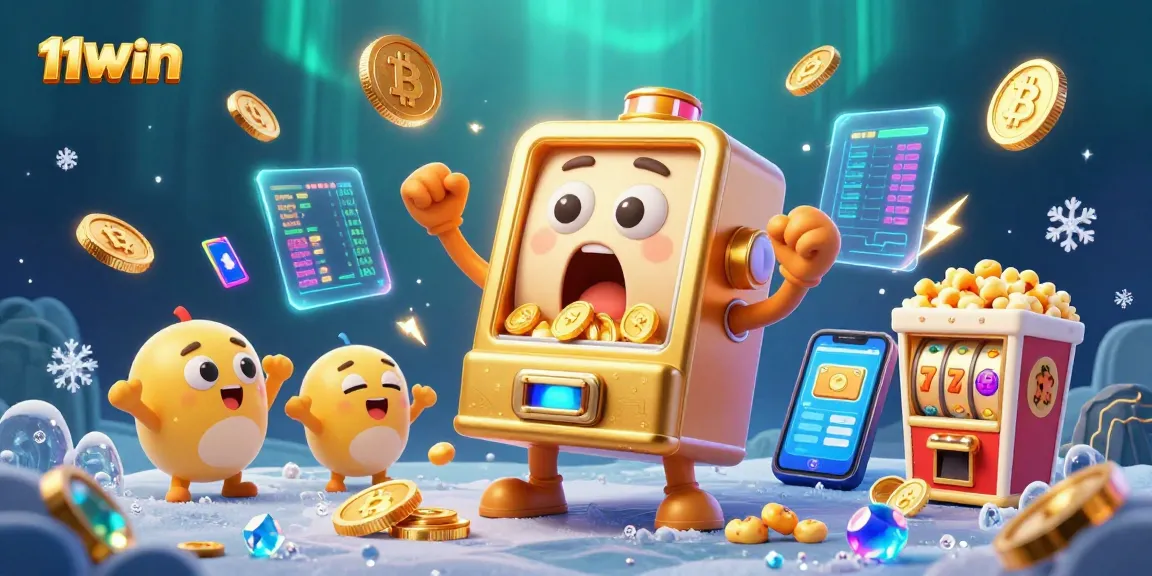 Witness the 11WIN golden slot machine hitting a jackpot amidst cheering baby slots and crypto elements.