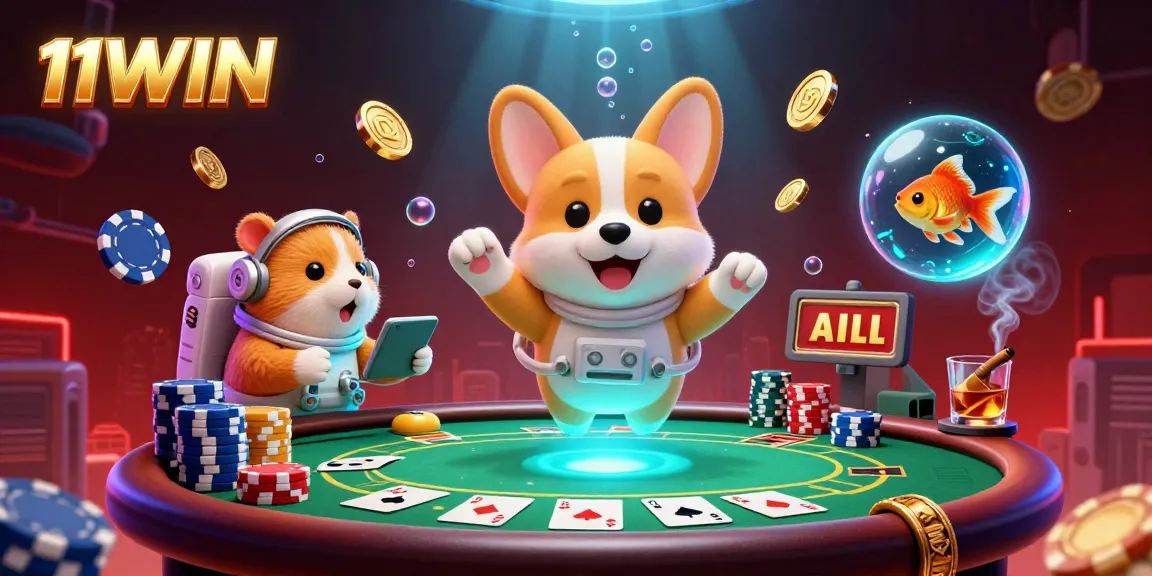 Experience the excitement of 11WIN with a vibrant casino scene featuring a cartoon astronaut corgi and mission-control hamster.