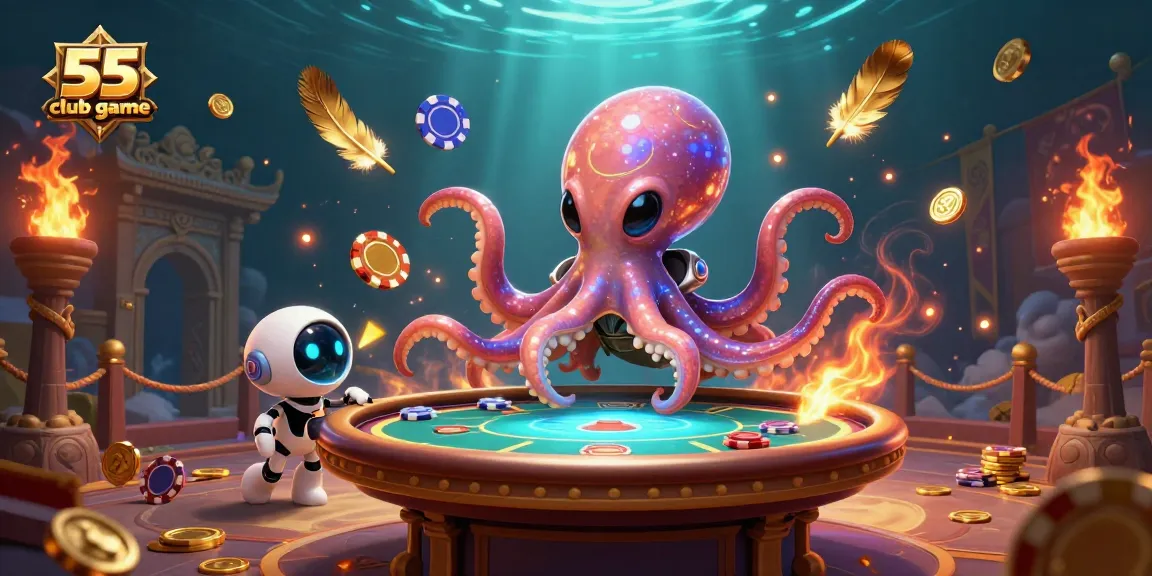 Experience the excitement of 55 club game with an alien octopus at a poker table amidst cosmic golden elements.