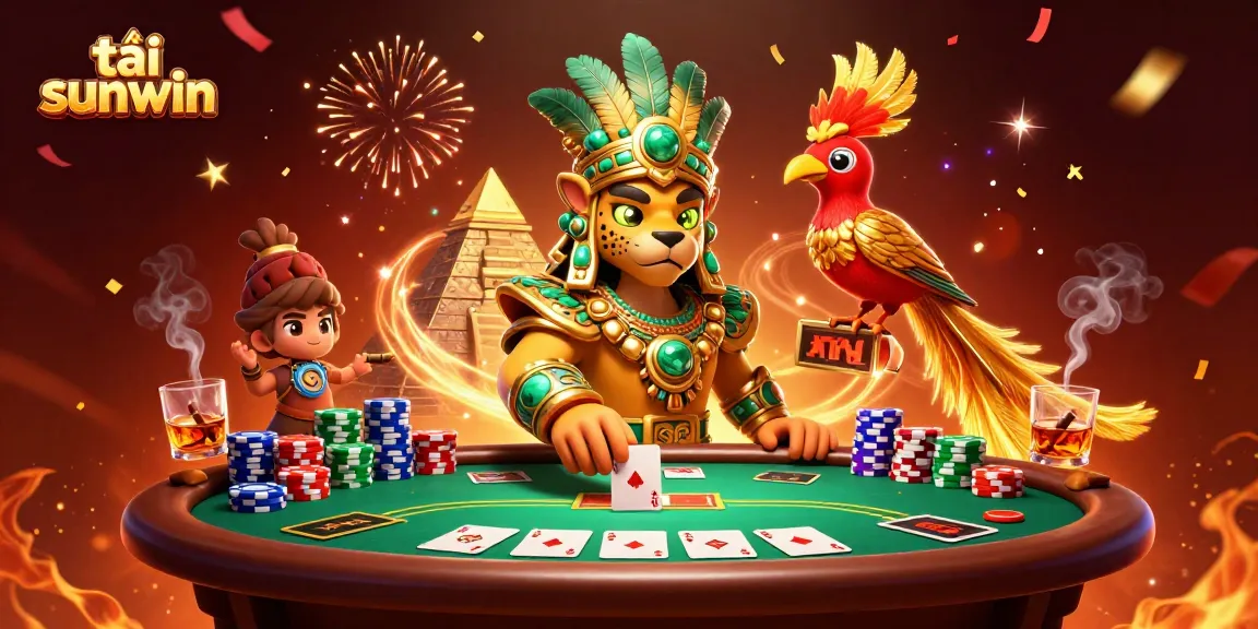 Engage in thrilling poker action while tải sunwin with our vibrant Mayan casino illustration.