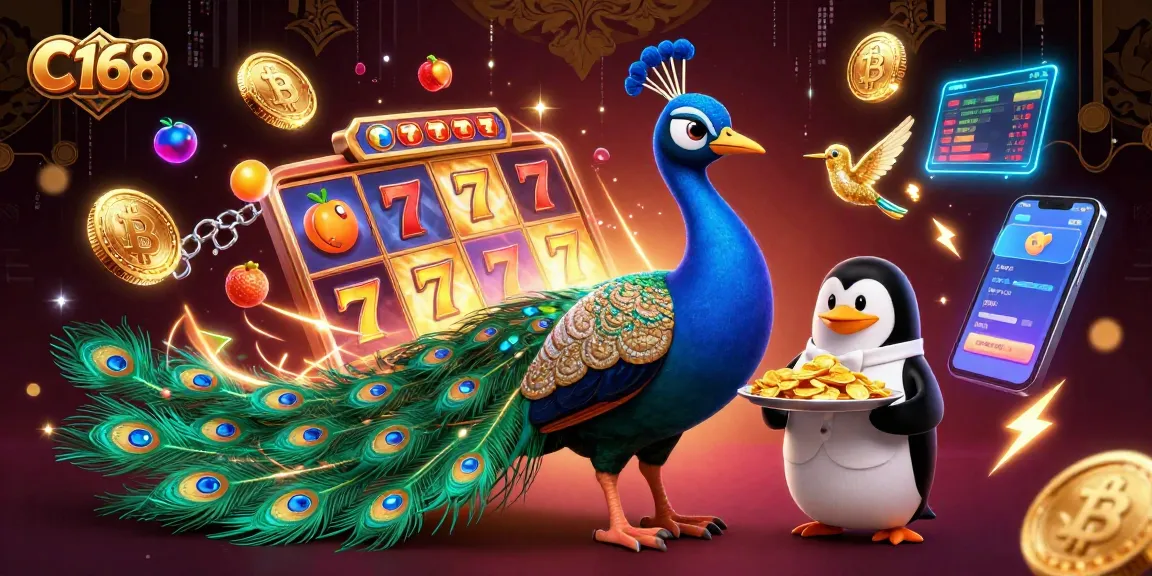 Experience excitement at C168 with vibrant slots, golden chips, and animated gaming elements.